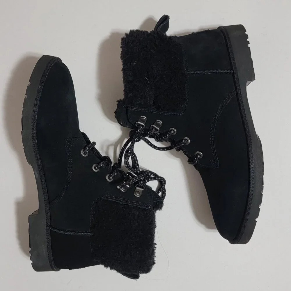 NEW UGG Romely Heritage Boots Womens 8 Black Suede Lace Up Fur Cozy Whimsygoth